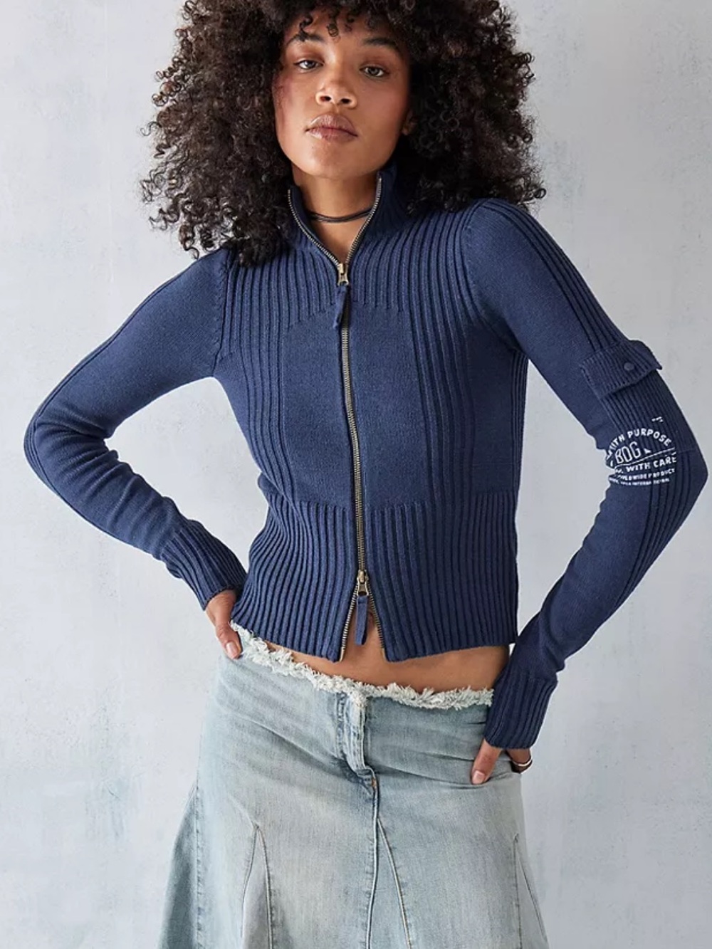 Y2K BDG Urban Outfitters Ribbed Knit Sweater Top Tina Track Zip-Up Grunge Sz XS